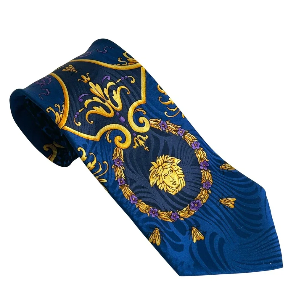 Gianni Versace Medusa Baroque Tie Blue Silk Animal Print Miami Luxury Bold
